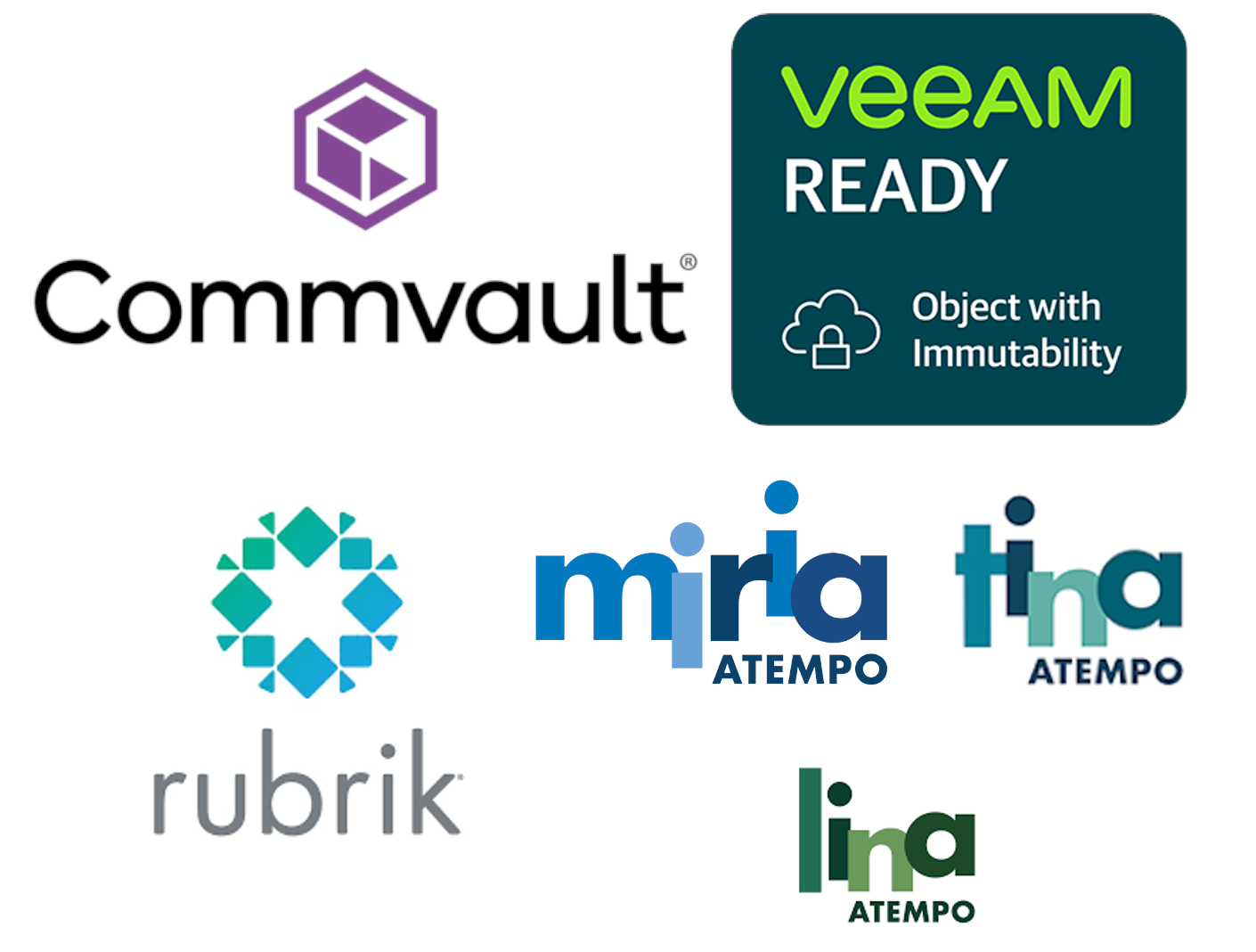 Veeam / Rubrik / Atempo / ComVault logos